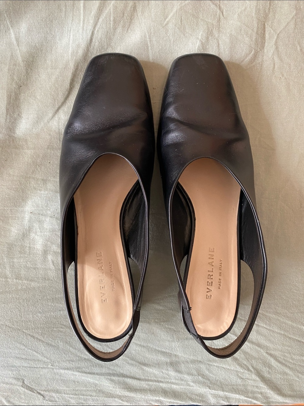 Everlane Black Leather Square-Toe Slingback Flats
